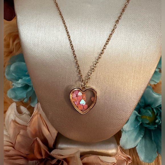 Heart Pendant Necklace With Encased Floating Pink Hearts NEW! - Picture 7 of 9